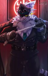 Rule 34 | 1boy, absurdres, animal ears, artist name, bara, belt, black coat, black gloves, black headwear, black pants, black suit, coat, commentary, dated, dislyte, english commentary, evil smile, fangs, formal, furry, furry male, gloves, glowing, green necktie, highres, holding, holding whip, jin qiu (ru shou) (dislyte), ligoniblack, looking at viewer, male focus, necktie, pants, shirt, signature, smile, suit, sunglasses, tail, tiger boy, tiger ears, tiger stripes, tiger tail, white shirt, yellow eyes