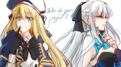 Rule 34 | 2girls, artoria caster (fate), artoria caster (second ascension) (fate), artoria pendragon (fate), black bow, black bowtie, black gloves, blonde hair, blue cape, bow, bowtie, braid, breasts, buttons, cape, cleavage, commentary request, crown braid, double-breasted, dress, english text, fate/grand order, fate (series), finger to mouth, gloves, green eyes, hair between eyes, hair bow, highres, long hair, looking at viewer, medium breasts, morgan le fay (fate), multiple girls, ringozuki, sketch, smile, upper body, very long hair, white cape, white dress