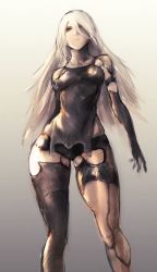 Rule 34 | 1girl, commentary request, dress, expressionless, full body, grey background, grey eyes, hair between eyes, highres, hometa, long hair, looking at viewer, mechanical arms, mechanical legs, mole, mole under mouth, nier (series), nier:automata, single mechanical arm, sleeveless, sleeveless dress, solo, white hair, a2 (nier:automata)