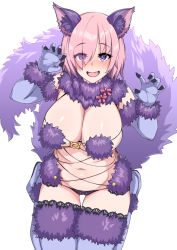 Rule 34 | 1girl, animal ears, blue legwear, blush, breasts, commentary request, eyes visible through hair, fang, fate/grand order, fate (series), fur-trimmed collar, fur-trimmed gloves, fur-trimmed legwear, fur-trimmed sleeves, fur trim, gloves, halloween costume, lace, lace-trimmed legwear, lace trim, large breasts, looking at viewer, mash kyrielight, mash kyrielight (dangerous beast), muta poo, navel, official alternate costume, open mouth, paw pose, pink hair, purple eyes, short hair, smile, solo, tail