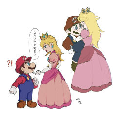 Rule 34 | 1boy, 1girl, blonde hair, blue eyes, breasts, brown hair, crown, dress, face-to-face, facial hair, gloves, hand on own hip, hat, height difference, holding, hug, lipstick, long hair, makeup, mario, mario (series), mustache, nintendo, overalls, pink dress, princess peach, speech bubble, super mario bros. 1, translation request