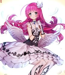 Rule 34 | 1girl, bad id, bad pixiv id, collar, feathered wings, feathers, frilled skirt, frills, gambe, gloves, hair ornament, hojo sophy, long hair, looking at viewer, pink hair, pretty series, pripara, purple eyes, signature, skirt, solo, white feathers, white gloves, white wings, wings