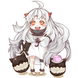 Rule 34 | 10s, 1girl, :d, abyssal ship, ahoge, barefoot, colored skin, dress, food, horns, kantai collection, long hair, madari, mittens, northern ocean princess, open mouth, orange eyes, pale skin, plate, pudding, smile, solo, spoon, standing, torpedo, very long hair, white dress, white hair, white skin