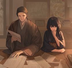 Rule 34 | 1boy, 1girl, :d, bad link, black kimono, book, bookshelf, brown eyes, brown hair, brown kimono, brown sash, chorefuji, closed mouth, commentary request, envelope, hand up, haori, highres, indoors, japanese clothes, kimono, looking down, open mouth, original, paper, poster (object), sash, short hair, sideways glance, smile