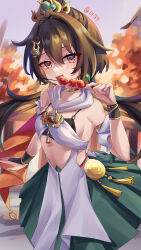 1girl :d bare_shoulders black_bra black_bridal_gauntlets bra bracelet breasts bridal_gauntlets brown_eyes brown_hair chinese_clothes choker clothing_cutout commentary cowboy_shot detached_sleeves earrings eating food green_skirt hair_between_eyes hair_ornament hairclip hand_up headpiece highres holding holding_food holding_skewer honkai:_star_rail honkai_(series) jewelry looking_at_viewer low_twintails open_mouth outdoors single_earring skewer skirt smile solo stomach stomach_cutout tanghulu twintails underwear yaoyaozi_bu_shi_renjian_yanhuo yunli_(honkai:_star_rail)