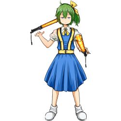 Rule 34 | 1girl, absurdres, blue dress, blue eyes, bow, bowtie, closed mouth, collared shirt, commentary request, cookie (touhou), daiyousei, diyusi (cookie), dress, expressionless, full body, green hair, hair bow, high-visibility vest, highres, holding, looking at viewer, pinafore dress, puffy short sleeves, puffy sleeves, shirt, shoes, short hair, short sleeves, side ponytail, simple background, sleeveless dress, socks, solo, standing, touhou, traffic baton, transparent background, white footwear, white shirt, white socks, yellow bow, yellow bowtie, youreizou (lower than -273.15c)