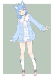 Rule 34 | 1girl, absurdres, ahoge, animal ear fluff, animal ears, animare, arms at sides, bad id, bad twitter id, bell, blue eyes, blue hair, blue jacket, blush, bow legwear, braid, brown footwear, center frills, dog ears, donguri suzume, dress, earrings, flat color, frills, full body, green background, hair between eyes, hair ornament, head tilt, heart, heart hair ornament, highres, jacket, jewelry, legs, legs apart, lips, long sleeves, looking at viewer, medium hair, nanashi inc., necklace, open mouth, pocket, round teeth, short dress, simple background, single earring, sleeves past wrists, smile, socks, solo, souya ichika, souya ichika (3rd costume), standing, striped clothes, striped dress, teeth, thighs, upper teeth only, v, virtual youtuber, white socks
