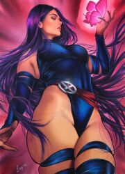 Rule 34 | 1girl, absurdres, alternate hair length, alternate hairstyle, artist request, ass, black hair, blue leotard, boots, breasts, bug, butterfly, curvy, highleg, highleg leotard, highres, insect, leotard, lips, long hair, marvel, medium breasts, psylocke, red sash, sash, shiny skin, simple background, skindentation, solo, standing, thigh boots, thong leotard, very long hair, wide hips, x-men