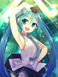 Rule 34 | 1girl, aqua eyes, aqua hair, aqua necktie, arm up, armpits, bad id, bad pixiv id, bare shoulders, black skirt, blurry, blurry background, commentary, cowboy shot, grey shirt, hair ornament, hand on own hip, hatsune miku, highres, holding, holding microphone, light particles, long hair, microphone, miniskirt, necktie, open mouth, pleated skirt, ryuuga sazanami, shirt, skirt, sleeveless, sleeveless shirt, smile, solo, spotlight, sweat, twintails, very long hair, vocaloid