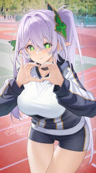 Rule 34 | 1girl, aged up, alternate costume, black jacket, blush, breasts, catsmoon, closed mouth, cowboy shot, genshin impact, green eyes, grey hair, hair between eyes, hair ornament, heart, heart hands, highres, jacket, large breasts, long hair, long sleeves, nahida (genshin impact), outdoors, partially unzipped, pointy ears, shirt, signature, smile, solo, symbol-shaped pupils, thighs, track uniform, white shirt