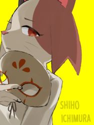 Rule 34 | 1girl, calico, cat, character name, english text, fukomo, furry, furry female, holding, holding mask, ichimura shiho, mask, odd taxi, simple background, solo, yellow background