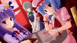 Rule 34 | 3girls, apron, ascot, bat wings, blue bow, blue ribbon, blush, book, bow, bowtie, braid, brooch, closed eyes, crescent, cup, dutch angle, fang, frilled shirt collar, frills, fuji yoshida, full moon, green bow, green bowtie, hair bow, hair ribbon, hat, hat ribbon, highres, holding, holding cup, izayoi sakuya, jewelry, maid headdress, mob cap, moon, multiple girls, patchouli knowledge, puffy short sleeves, puffy sleeves, red bow, red moon, remilia scarlet, ribbon, short sleeves, sitting, smile, table, teacup, touhou, tress ribbon, twin braids, v arms, waist apron, wings, wrist cuffs