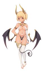 Rule 34 | 1girl, absurdres, anklet, armlet, bare shoulders, bei qi, blush, bracelet, bridal gauntlets, character request, choker, closed mouth, demon girl, demon horns, demon tail, demon wings, detached wings, earrings, eyes visible through hair, fate/grand order, fate (series), gem, hand on own hip, heart, heart tail, highres, horns, jewelry, low wings, multiple horns, navel, pointy ears, pubic tattoo, short twintails, simple background, single bridal gauntlet, single earring, smile, solo, tail, tattoo, thighhighs, twintails, white background, white thighhighs, wings, yellow horns