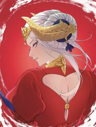 Rule 34 | 1girl, back cutout, bbb52486717, clothing cutout, commentary request, dress, edelgard von hresvelg, eyelashes, fake horns, fire emblem, fire emblem: three houses, from behind, hair bun, heart cutout, highres, horns, long hair, looking back, nintendo, parted lips, puffy sleeves, purple eyes, red background, red dress, solo, teeth, upper body, white hair