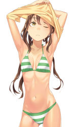 Rule 34 | 1girl, ;&lt;, armpits, arms up, bikini, breasts, brown hair, closed mouth, clothes lift, collarbone, contrapposto, cowboy shot, gluteal fold, highres, kimura (ykimu), long hair, looking up, navel, original, shirt lift, shirt over head, simple background, small breasts, solo, standing, striped bikini, striped clothes, swimsuit, twintails, white background, yellow eyes