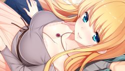 Rule 34 | 1boy, 1girl, bethly rose daisley, blonde hair, blue eyes, blush, bra, breasts, cleavage, game cg, gin&#039;iro haruka, jewelry, koizumi amane, lace, lace-trimmed bra, lace trim, large breasts, long hair, looking at viewer, necklace, out of frame, pink bra, pov, smile, solo focus, underwear
