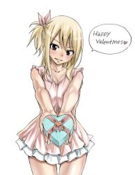 Rule 34 | 1girl, blonde hair, blush, box, brown eyes, dress, fairy tail, gift, gift box, happy valentine, heart, long hair, lucy heartfilia, mashima hiro, official art, ribbon, side ponytail, smile, solo, speech bubble, valentine