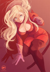 Rule 34 | 10s, 1girl, :p, blonde hair, blue eyes, bodysuit, boots, breasts, cat tail, cleavage, cleavage cutout, clothing cutout, full body, gloves, hair ornament, hairclip, highres, long hair, looking at viewer, mask, nanoless, persona, persona 5, red background, red gloves, red thighhighs, shadow, simple background, smile, solo, tail, takamaki anne, thigh boots, thighhighs, tongue, tongue out, twintails