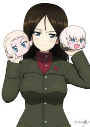 Rule 34 | 1girl, :d, artist name, black hair, blonde hair, blue eyes, blush stickers, bukkuri, character doll, chibi, clara (girls und panzer), closed mouth, commentary, dated, doll, fang, frown, girls und panzer, green jacket, highres, holding, holding doll, insignia, jacket, katyusha (girls und panzer), long hair, long sleeves, looking at viewer, nonna (girls und panzer), open mouth, pravda school uniform, red shirt, school uniform, shirt, signature, smile, solo, swept bangs, turtleneck, w arms