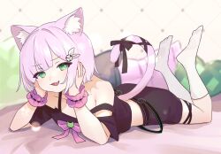 Rule 34 | 1girl, :d, absurdres, animal ear fluff, animal ears, arm support, black shirt, black shorts, cat ears, cat girl, cat tail, commission, crop top, cropped shirt, full body, green eyes, head rest, highres, indie virtual youtuber, light purple hair, looking at viewer, lying, medaka h2, on stomach, open mouth, second-party source, shirt, short hair, short sleeves, shorts, shwaa, skeb commission, smile, strap slip, tail, v-shaped eyebrows, virtual youtuber, wrist cuffs