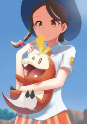 Rule 34 | 1girl, blue headwear, blurry, blurry background, braid, brown eyes, brown hair, closed mouth, commentary request, creatures (company), day, fuecoco, game freak, hand up, hat, highres, holding, holding pokemon, index finger raised, juliana (pokemon), necktie, nintendo, orange necktie, orange shorts, outdoors, pokemon, pokemon (creature), pokemon sv, shirt, short sleeves, shorts, sky, smile, yotoro (uydn5542)