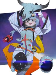 Rule 34 | 1girl, black gloves, black hair, boots, brown eyes, chinese zodiac, commentary, cow skull, earrings, gloves, grey hair, hair ornament, highres, holding, holding skull, jewelry, jumpsuit, leg up, long hair, long sleeves, looking at viewer, low twintails, machi (wm), multicolored hair, new year, open mouth, original, skull, smile, solo, standing, standing on one leg, textless version, twintails, two-tone hair, white footwear, white jumpsuit, wide sleeves, year of the ox