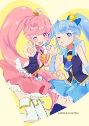 Rule 34 | 2girls, aino megumi, black thighhighs, blue hair, blue skirt, boots, brooch, cowboy shot, crown, cure lovely, cure princess, hair ornament, hair ribbon, happinesscharge precure!, heart, heart brooch, highres, jewelry, magical girl, mini crown, multiple girls, one eye closed, open mouth, pink eyes, pink hair, pink skirt, precure, puffy short sleeves, puffy sleeves, ribbon, seika (yuimarutoka0219), shirayuki hime, short sleeves, skirt, smile, thigh boots, thighhighs, twintails, twitter username, vest, white footwear, wide ponytail, wing brooch, wing earrings, yellow background