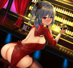 Rule 34 | 1girl, absurdres, alcohol, ass, azur lane, backless dress, backless outfit, bad id, bad pixiv id, blue hair, blush, breasts, brown thighhighs, clothing aside, cup, cupping glass, dress, dress aside, drinking glass, evening gown, from behind, highres, holding, holding cup, indoors, large breasts, lemontea (ekvr5838), long hair, looking at viewer, looking back, no panties, red dress, see-through, see-through silhouette, skindentation, solo, st. louis (azur lane), thighhighs, wine glass