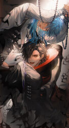 Rule 34 | 2boys, bags under eyes, beads, bite mark on leg, biting, black hair, black sleeves, black vest, blue hair, boots, bound, bound wrists, buttons, chinese commentary, commentary request, dramatical murder, gloves, grey background, grey eyes, grey footwear, hair over one eye, hair over shoulder, highres, holding another&#039;s leg, ichi yasushi, jacket, knee boots, koujaku, layered sleeves, leaning forward, long hair, long sleeves, looking at viewer, lower teeth only, male focus, multiple boys, open clothes, open jacket, open mouth, pants, red eyes, seragaki aoba, smile, suspension, teeth, torn clothes, torn pants, vampire, vest, watermark, white gloves, white jacket, white pants, white sleeves, yaoi