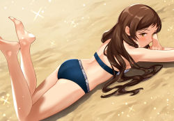 Rule 34 | 1girl, ass, bare arms, bare legs, barefoot, beach, bikini, blush, breast press, brown eyes, brown hair, feet up, hanamasa ono, idolmaster, idolmaster million live!, idolmaster million live! theater days, kitazawa shiho, light particles, long hair, looking at viewer, looking back, lying, on stomach, outdoors, plaid, plaid swimsuit, sand, solo, sparkle, swimsuit, two-tone swimsuit