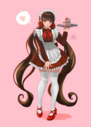 Rule 34 | 1girl, apron, artist name, brown hair, cake, cake slice, commentary, danganronpa (series), danganronpa v3: killing harmony, dress, english commentary, food, frills, full body, hair ornament, hair scrunchie, hairclip, harukawa maki, heart, highres, holding, long hair, long sleeves, looking at viewer, low twintails, maid headdress, mary janes, missarilicious, mole, mole under eye, pink background, red dress, red eyes, red footwear, red scrunchie, school uniform, scrunchie, shoes, smile, solo, spoken heart, thighhighs, twintails, very long hair, zettai ryouiki