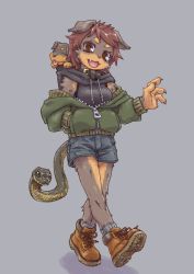 Rule 34 | 1girl, animal ears, arinko (ant-lion), body fur, boots, brown eyes, brown hair, collar, dog, dog ears, fang, female focus, full body, furry, furry female, grey background, hand in pocket, highres, hood, messy hair, off shoulder, open mouth, original, short hair, short shorts, shorts, simple background, sleeveless, solo, tail, walking
