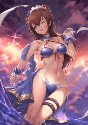 Rule 34 | 10s, 1girl, alternate costume, bare shoulders, beatrix (granblue fantasy), bikini, blue bikini, blush, breasts, brown eyes, brown hair, cleavage, granblue fantasy, groin, hair between eyes, long hair, looking at viewer, medium breasts, navel, one eye closed, open mouth, parfaitlate, ponytail, smile, solo, swimsuit, wrist cuffs