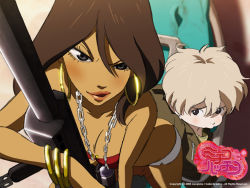 Rule 34 | 2girls, age difference, blush, brown hair, chain, chain necklace, dark-skinned female, dark skin, earrings, female focus, gun, hatchin morenos, hoop earrings, jewelry, lipstick, makeup, michiko malandro, michiko to hacchin, mother and daughter, multiple girls, necklace, official art, official wallpaper, rifle, tan, uneven eyes, wallpaper, weapon