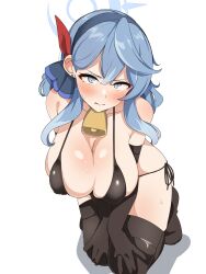 Rule 34 | 1girl, absurdres, ako (blue archive), alternate costume, bare shoulders, bell, bikini, blue archive, blue eyes, blue hair, blush, breasts, collarbone, commentary, elbow gloves, gloves, halo, highres, large breasts, long hair, neck bell, open mouth, seihekiog, sideboob, solo, swimsuit, thighhighs, thighs, white background
