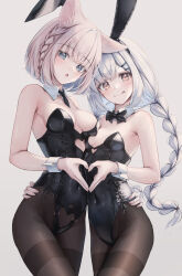 Rule 34 | 2girls, :o, :p, amane utata, animal ear fluff, animal ears, arm around waist, asymmetrical docking, bare shoulders, black bow, black bowtie, black leotard, black necktie, black pantyhose, blue eyes, blue hair, blush, bow, bowtie, braid, breast press, breasts, brown eyes, clothing cutout, commentary request, covered navel, cowboy shot, crossed bangs, detached collar, dot nose, fake animal ears, fine fabric emphasis, fingernails, french braid, grey background, hair ornament, hairclip, heart, heart cutout, heart hands, heart hands duo, highleg, highleg leotard, highres, leotard, long fingernails, long hair, looking at viewer, low twin braids, medium breasts, multiple girls, necktie, original, pantyhose, parted lips, pink hair, playboy bunny, rabbit ears, short hair, short necktie, side-tie leotard, simple background, slit pupils, small breasts, strapless, strapless leotard, thighband pantyhose, tongue, tongue out, twin braids, very long hair, white wrist cuffs, wrist cuffs