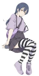 Rule 34 | 1girl, black skirt, blue hair, full body, highres, long hair, looking at viewer, love live!, love live! school idol project, purple shirt, sato uma, shirt, short sleeves, simple background, sitting, skirt, solo, sonoda umi, striped clothes, striped thighhighs, swept bangs, thighhighs, white background, yellow eyes