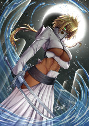 Rule 34 | 1girl, adsouto, arrancar, artist name, black gloves, bleach, blonde hair, breasts, colored eyelashes, dark-skinned female, dark skin, facial mark, female focus, gloves, green eyes, highres, holding, holding sword, holding weapon, large breasts, long hair, looking at viewer, moon, navel, night, night sky, number tattoo, revealing clothes, signature, sky, solo, sword, tattoo, tier harribel, underboob, water, weapon