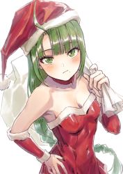 Rule 34 | 1girl, ahoge, bare shoulders, blunt bangs, blush, braid, breasts, christmas, cleavage, closed mouth, collar, collarbone, dress, green eyes, green hair, hand on own hip, hat, highres, holding, holding sack, kantai collection, long hair, looking at viewer, medium breasts, mole, mole under mouth, piza rokumai, sack, santa costume, santa hat, simple background, single braid, solo, white background, yuugumo (kancolle)