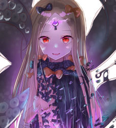 Rule 34 | 1girl, abigail williams (fate), abigail williams (second ascension) (fate), absurdres, bad id, bad pixiv id, blonde hair, blush, breasts, fate/grand order, fate (series), forehead, glowing, glowing eye, highres, keyhole, long hair, long sleeves, looking at viewer, lshiki, open mouth, parted bangs, red eyes, sidelocks, small breasts, smile, solo, third eye, white background