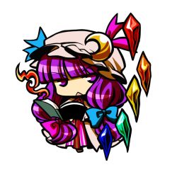 Rule 34 | 1girl, :&lt;, book, chibi, crescent, crystal, female focus, full body, hat, patchouli knowledge, purple eyes, purple hair, socha, solo, touhou, transparent background