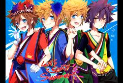 Rule 34 | 4boys, :d, black hair, blonde hair, blue background, blush, brown hair, clenched hand, collarbone, disney, english text, gloves, holding hands, inazume-panko, interlocked fingers, japanese clothes, kimono, kingdom hearts, looking at viewer, male focus, multiple boys, open mouth, pillarboxed, pinko (inazume-panko), pom pom (clothes), roxas, simple background, smile, sora (kingdom hearts), spiked hair, spoilers, square enix, upper body, vanitas (kingdom hearts), ventus (kingdom hearts), yellow eyes, yukata