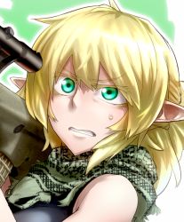 Rule 34 | 1girl, assault rifle, bare shoulders, blonde hair, bullpup, didloaded, eyelashes, green eyes, gun, mizuhashi parsee, out of frame, pointy ears, ponytail, rifle, scarf, solo, steyr aug, sweatdrop, touhou, weapon