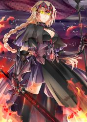 Rule 34 | 1girl, armor, blonde hair, braid, breasts, capelet, cleavage, dark persona, dress, fate/apocrypha, fate/grand order, fate (series), flag, gauntlets, headpiece, jeanne d&#039;arc alter (fate), jeanne d&#039;arc (fate), jeanne d&#039;arc (ruler) (fate), kurose nao, large breasts, long hair, single braid, solo, sword, thighhighs, weapon, yellow eyes