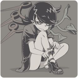 Rule 34 | 1girl, annoyed, asymmetrical wings, black dress, black hair, dress, grey background, greyscale, high heels, hoshi nawoki, houjuu nue, lowres, monochrome, on ground, orange theme, pointy ears, short hair, simple background, sitting, on ground, snake mouth, solo, toes, touhou, wings