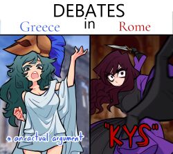Rule 34 | 2girls, :d, absurdres, ancient greek clothes, arm up, breasts, centurii-chan (artist), cleavage, cowboy shot, greco-roman clothes, helmet, highres, holding, holding knife, knife, large breasts, long hair, looking at viewer, meme, multiple girls, open mouth, original, praetorian (centurii-chan), smile, teeth, upper teeth only, weapon