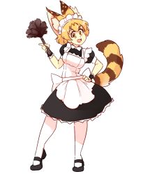 Rule 34 | 1girl, :d, alternate costume, animal ears, blonde hair, bow, bowtie, commentary, duster, english commentary, enmaided, extra ears, feather duster, full body, kemono friends, looking at viewer, maid, maid headdress, open mouth, puffy short sleeves, puffy sleeves, rtil, serval (kemono friends), serval tail, short hair, short sleeves, simple background, smile, solo, tail, traditional bowtie, white background, wrist cuffs, yellow eyes