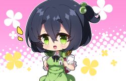Rule 34 | 1girl, :d, backpack, bag, black hair, blush, collared shirt, commentary request, dress, floral background, green dress, green eyes, hair between eyes, hair bobbles, hair ornament, halftone, halftone background, headphones, headphones around neck, highres, holding strap, kyoumachi seika, milkpanda, notice lines, one side up, open mouth, pink background, puffy short sleeves, puffy sleeves, shirt, short sleeves, smile, solo, voiceroid, white shirt