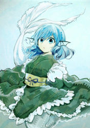 Rule 34 | 1girl, belt, blue background, blue bow, blue eyes, blue hair, bow, breasts, commentary request, dress, drill hair, eyes visible through hair, gradient background, green dress, green kimono, hair between eyes, japanese clothes, kimono, long sleeves, looking to the side, medium breasts, mermaid, monster girl, ocean, open mouth, short hair, solo, swimming, tama (hiroshige 36), touhou, underwater, wakasagihime, water, wide sleeves, yellow belt