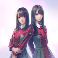 Rule 34 | 2girls, aqua eyes, arms behind back, black hair, blunt bangs, bow, bowtie, buttons, closed mouth, cropped jacket, double-breasted, dress, eyelashes, group name, habu mizuho, hand on own arm, highres, holding own arm, keyakizaka46, lips, long hair, long sleeves, looking at viewer, multiple girls, real life, red bow, red bowtie, red eyes, smile, sugai yuuka, uniform, zhenlin